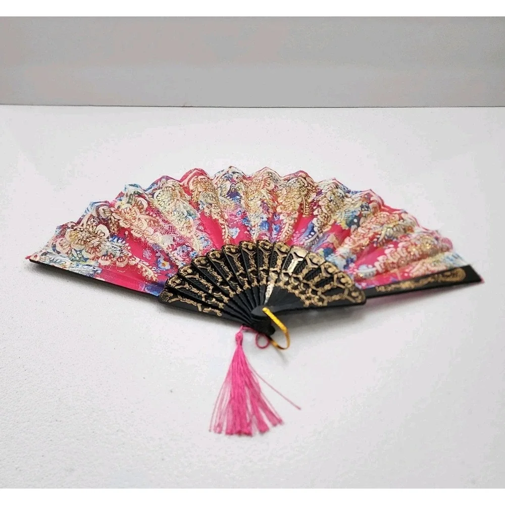 Vintage Japanese Flora Handheld Fan 2 Piece BLUE AND PINK
